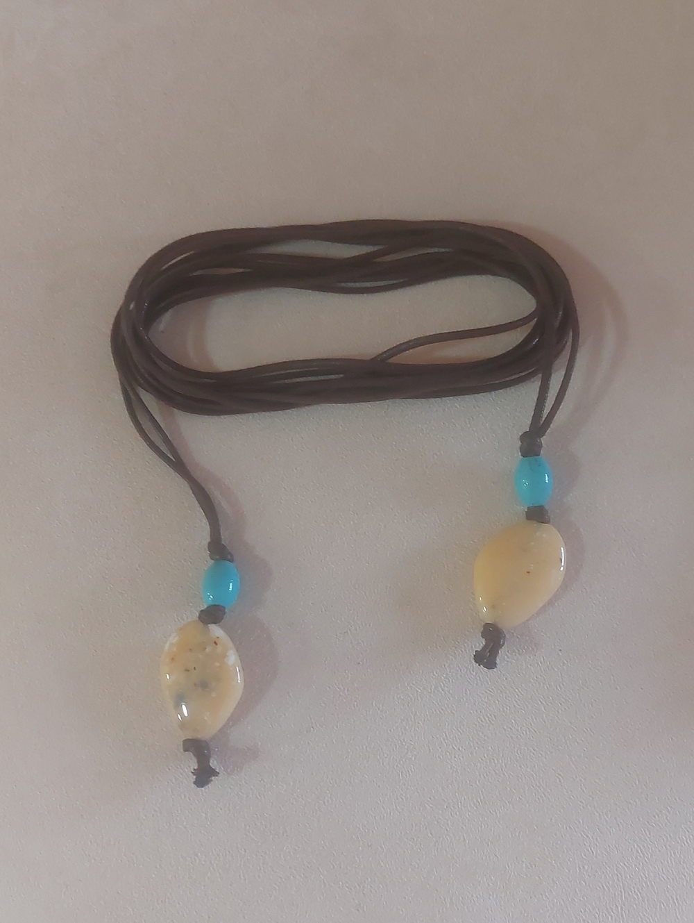 Handmade Brownthin Rope Belt with Turquoise and Cream Beads